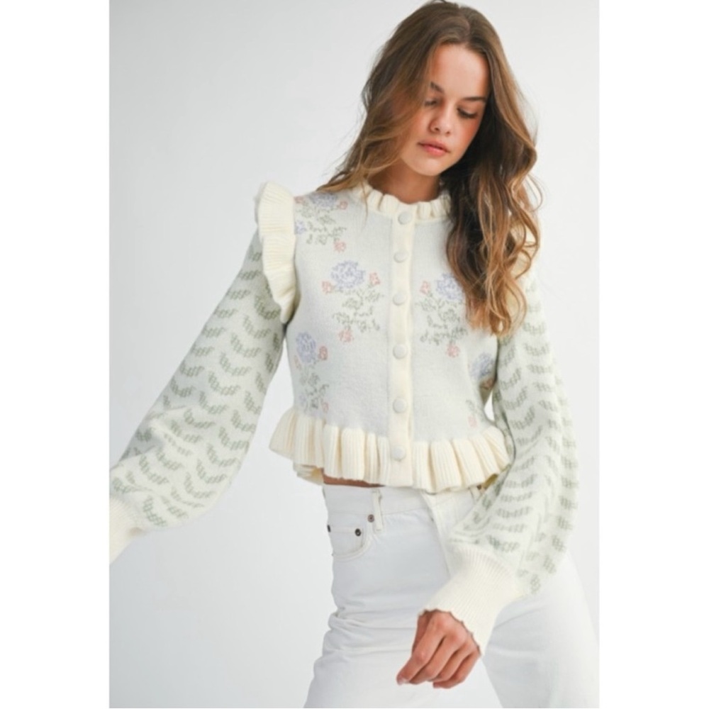 MABLE | Eloise Long Sleeve Ruffle Floral Print Crop Cardigan ~ NWT Medium - Picture 2 of 14